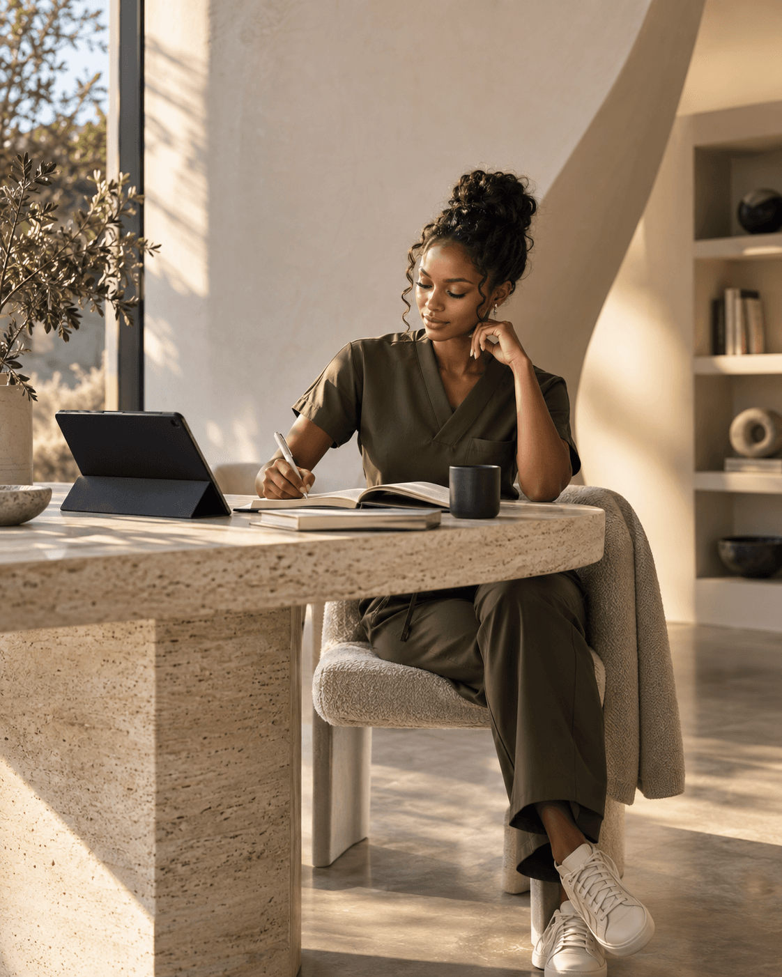 A healthcare professional studying in a calm modern workspace